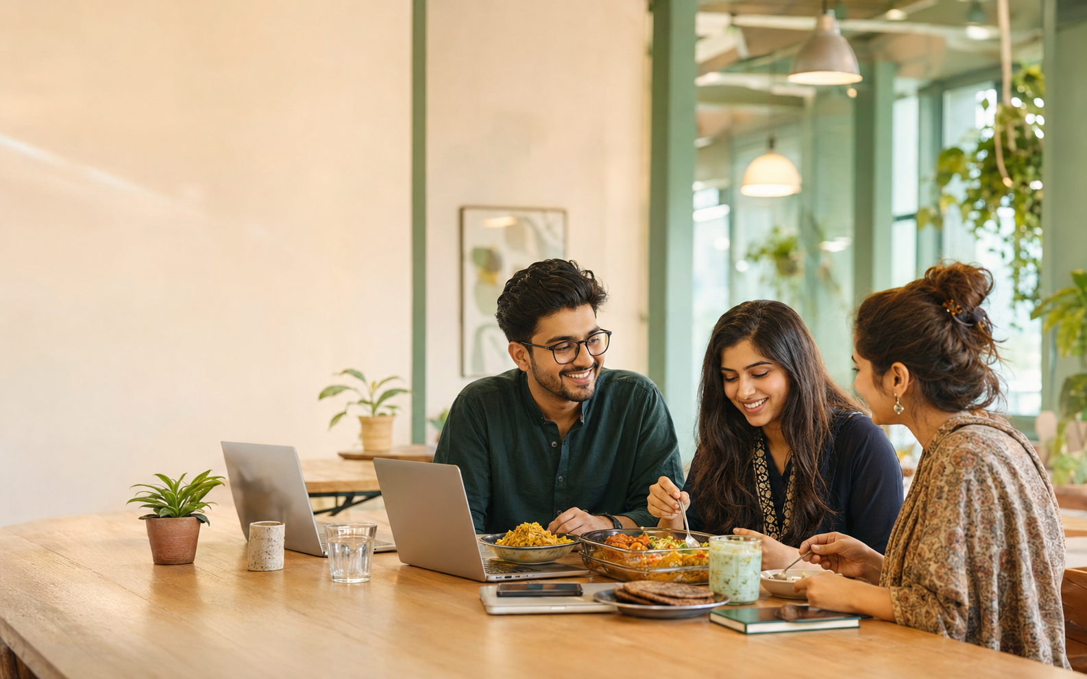 WordPress freelancers sharing a homemade lunch in a coworking space